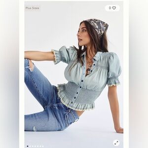 Light Jean Smocked Short Sleeve Blouse